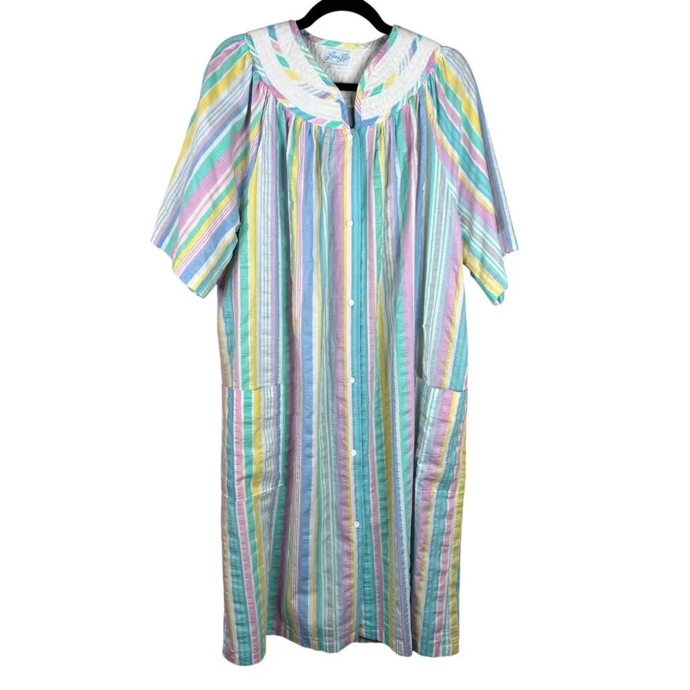 Vintage Leisure Life Striped Cotton‎ Blend House Dress Pockets  MuMu Large XL